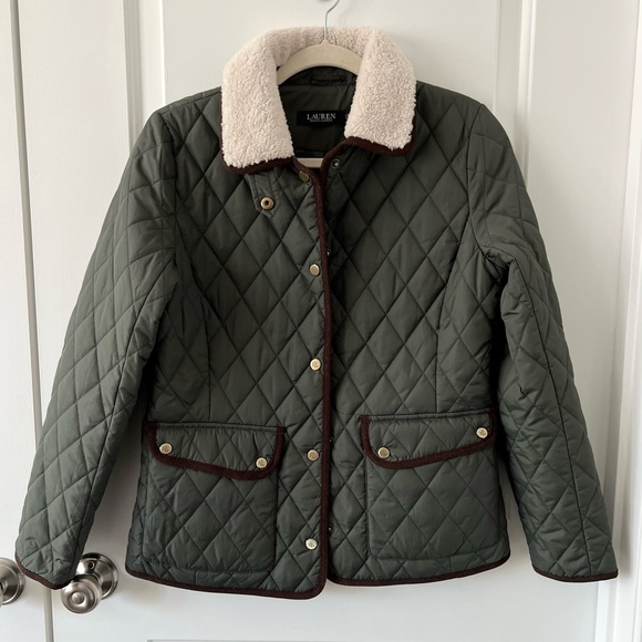Lauren Ralph Lauren Faux-Shearling-Trim Quilted Jacket Litchfield Loden Green XS - Picture 2 of 5